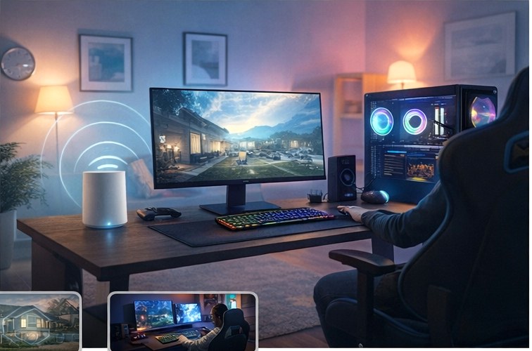 Gaming and streaming setup with a router nearby