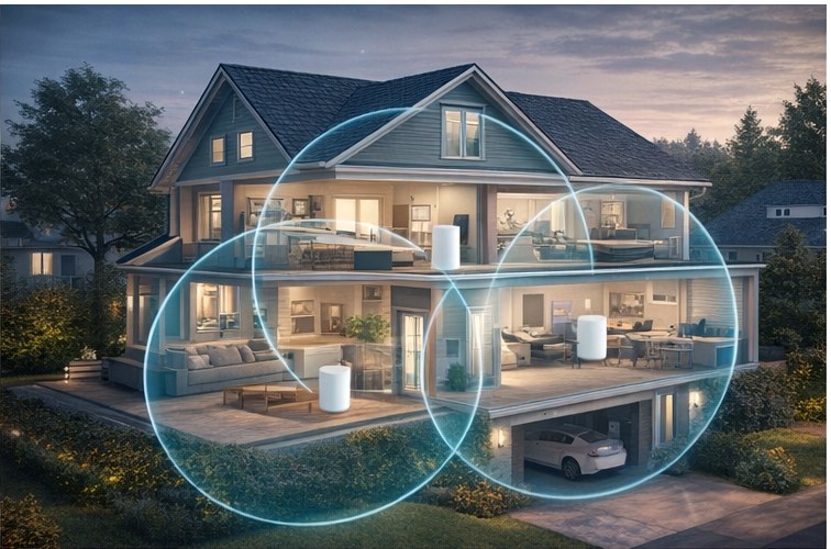 Whole-home mesh Wi‑Fi coverage illustration